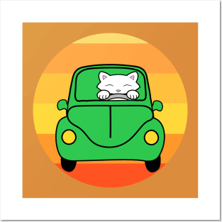 Cat driving a green car Posters and Art